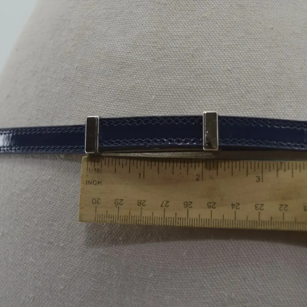 Navy Blue Skinny Dress Belt Faux Leather Minimalist Large